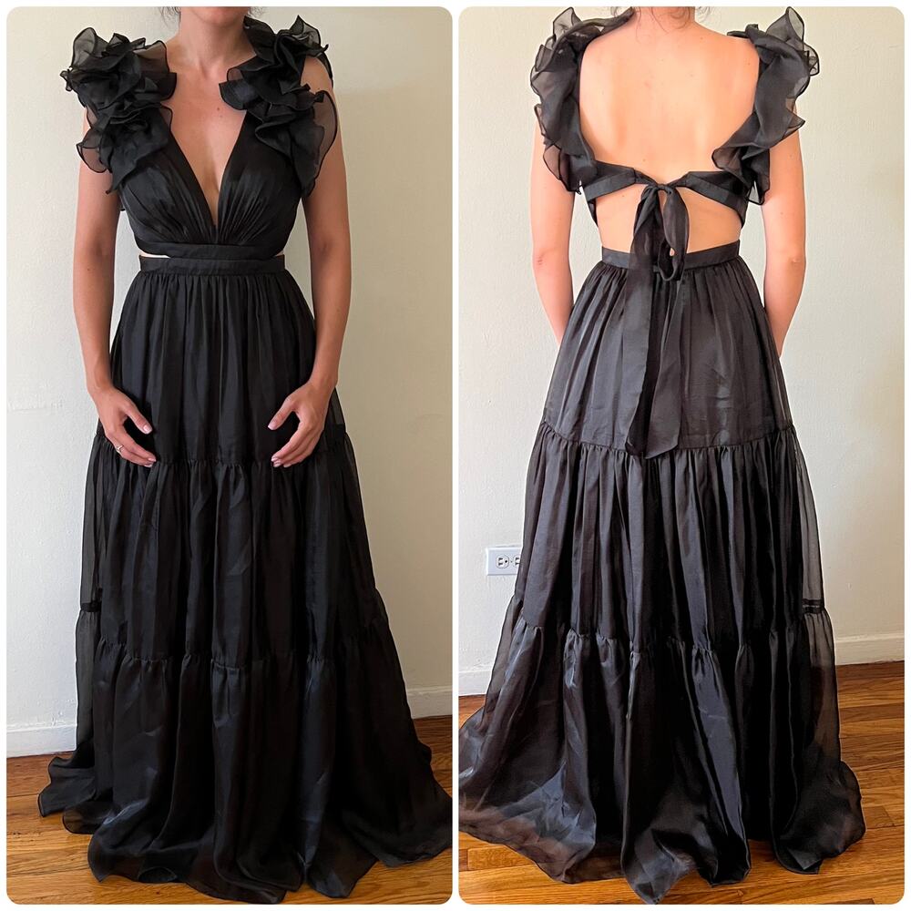 Mac Duggal Plunge Neck Cutout Empire Waist Organza Gown Maxi Dress size 2 C0